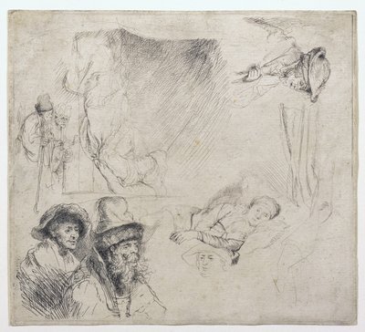 Hoja de estudios (con una mujer acostada enferma en la cama) de Rembrandt van Rijn