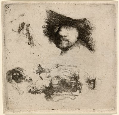 Hoja de estudios: Cabeza del artista, pareja de mendigos, cabezas de un anciano y una anciana, etc. de Rembrandt van Rijn