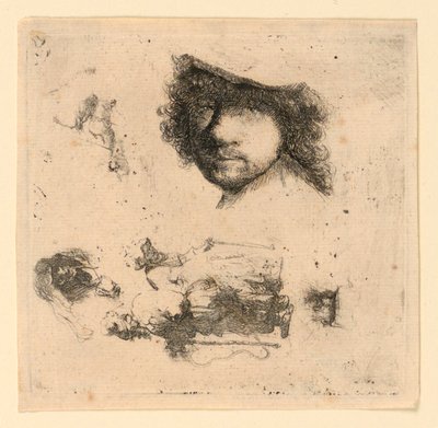 Hoja de Estudios: Autorretrato, una Pareja de Mendigos, Cabezas de un Hombre y una Mujer Ancianos, etc. de Rembrandt van Rijn