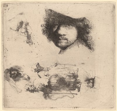 Hoja de estudios incluyendo cabeza del artista, una pareja de mendigos, cabezas de un anciano y una anciana de Rembrandt van Rijn
