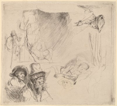 Hoja de estudios incluyendo una mujer enferma en la cama de Rembrandt van Rijn