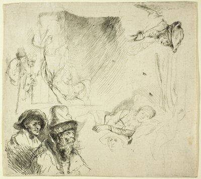 Hoja de estudios, con una mujer enferma en la cama de Rembrandt van Rijn