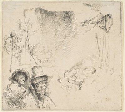 Hoja de estudios con una mujer acostada enferma en la cama, etc. de Rembrandt van Rijn