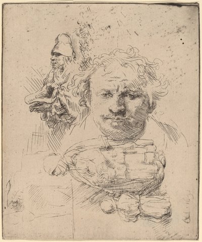 Hoja de estudios con la cabeza del artista, un mendigo y mujer con niño de Rembrandt van Rijn