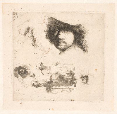 Hoja de estudios: cabeza de Rembrandt, pareja de mendigos, cabezas de anciano y anciana, etc. de Rembrandt van Rijn
