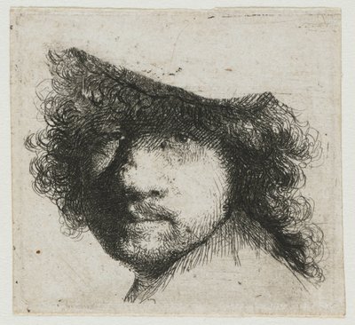 Hoja de estudios: cabeza del artista de Rembrandt van Rijn