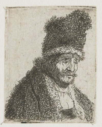 Hoja con estudios de la cabeza de un hombre: anciano con abrigo de piel y gorro alto de Rembrandt van Rijn