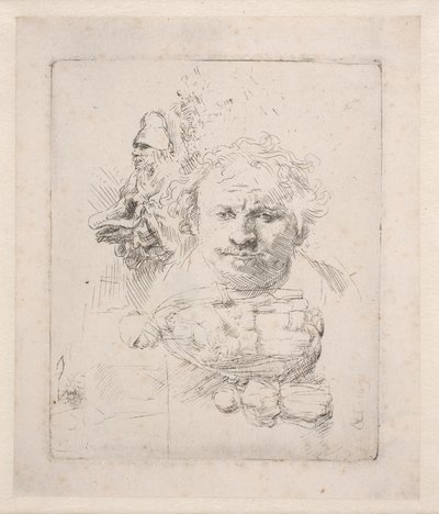 Hoja de bocetos con la cabeza de Rembrandt, un mendigo, una mujer y un niño de Rembrandt van Rijn
