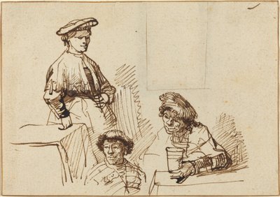 Bocetos de una taberna: Mujer de pie y dos hombres sentados de Rembrandt van Rijn