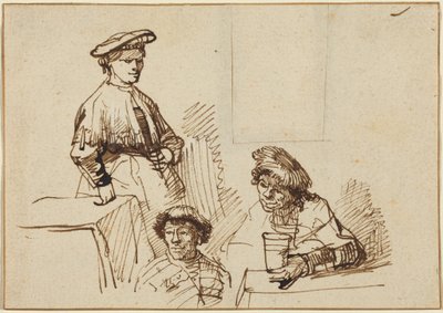 Bocetos de una taberna: una mujer de pie y dos hombres sentados de Rembrandt van Rijn