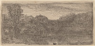Pequeño paisaje gris: una casa y árboles junto a un estanque de Rembrandt van Rijn