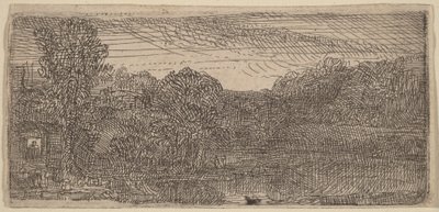 Pequeño paisaje gris: una casa y unos árboles junto a una piscina de Rembrandt van Rijn