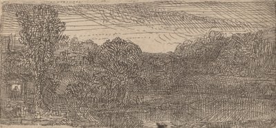 Pequeño paisaje gris: una casa y árboles junto a un estanque de Rembrandt van Rijn