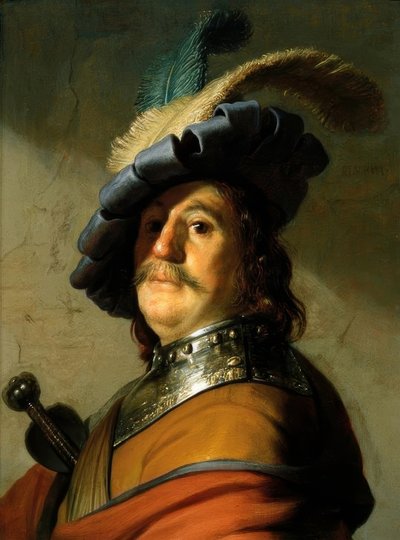 Soldado con gorguera de hierro y sombrero de plumas de Rembrandt van Rijn