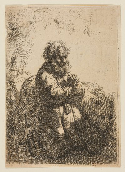 San Jerónimo arrodillado en oración, mirando hacia abajo de Rembrandt van Rijn