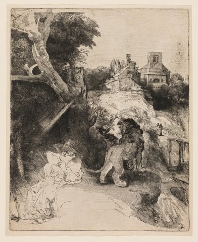 San Jerónimo leyendo en un paisaje italiano de Rembrandt van Rijn