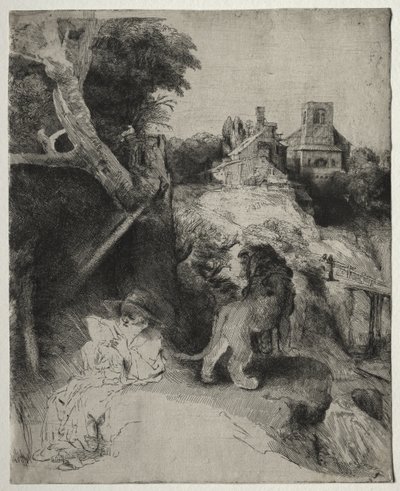 San Jerónimo Leyendo en un Paisaje Italiano de Rembrandt van Rijn