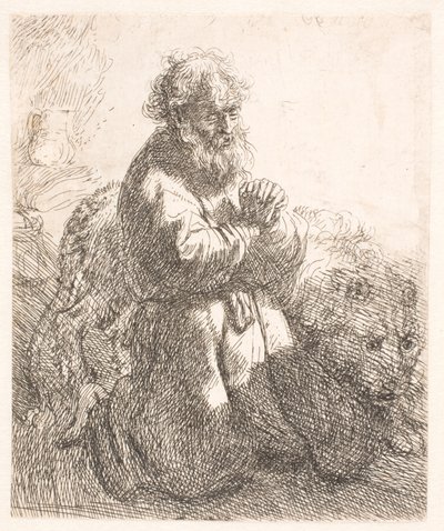 San Jerónimo arrodillado en oración, mirando hacia abajo de Rembrandt van Rijn