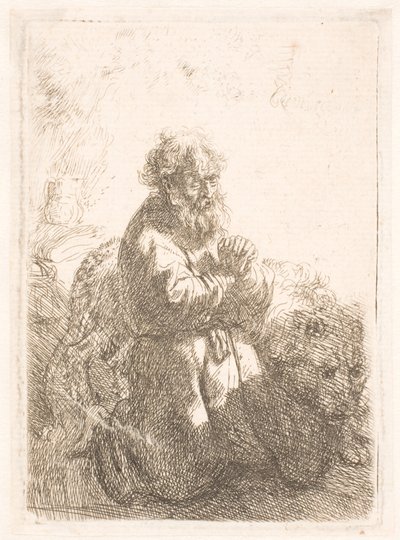 San Jerónimo arrodillado en oración, mirando hacia abajo de Rembrandt van Rijn