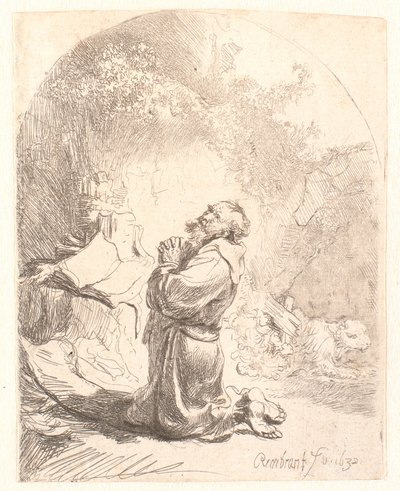 San Jerónimo rezando: impresión arqueada de Rembrandt van Rijn