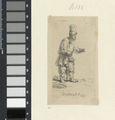 Granjero de pie con casco alto, apoyado en un palo Recueil de quatre-vingt-cinq estampes originales (título de la serie) de Rembrandt van Rijn