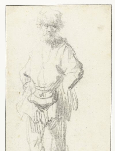 Hombre de pie con una bolsa de Rembrandt van Rijn