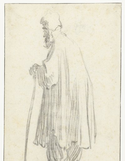 Hombre de pie con un palo, mirando hacia la izquierda de Rembrandt van Rijn