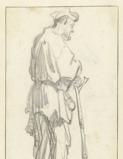 Hombre de pie con un palo, mirando hacia la derecha de Rembrandt van Rijn