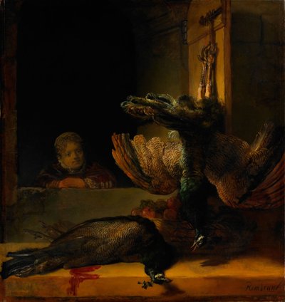 Naturaleza muerta con dos pavos reales y una niña, ca. 1639 de Rembrandt van Rijn