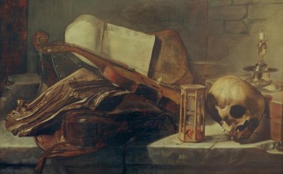 Naturaleza muerta con libros, violín, calavera y reloj de arena de Rembrandt van Rijn