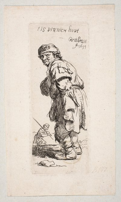 Un campesino de pie, mirando hacia la izquierda, y una figura con un palo al fondo: «Tis vinnich Kout» de Rembrandt van Rijn