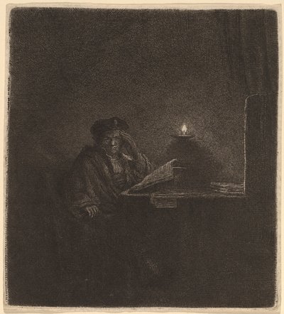 Estudiante en una mesa a la luz de las velas de Rembrandt van Rijn