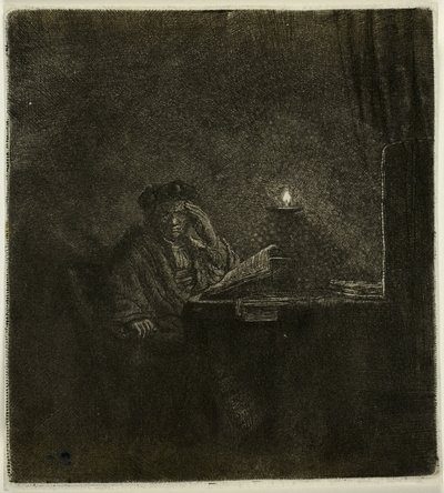 Estudiante en una mesa a la luz de las velas de Rembrandt van Rijn