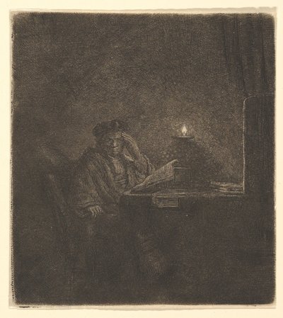 Estudiante en una mesa a la luz de las velas de Rembrandt van Rijn