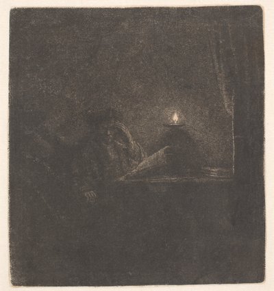 Un estudiante sentado a una mesa a la luz de una vela de Rembrandt van Rijn
