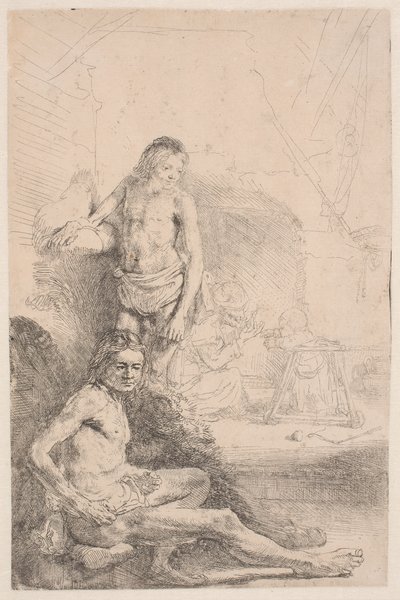 Estudios de desnudos: un hombre sentado y otro de pie; con una mujer y un bebé esbozados ligeramente al fondo de Rembrandt van Rijn