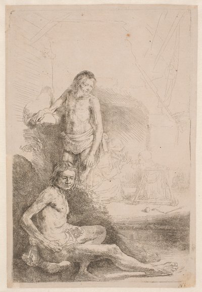 Estudios de desnudos: un hombre sentado y otro de pie; con una mujer y un bebé esbozados ligeramente al fondo de Rembrandt van Rijn