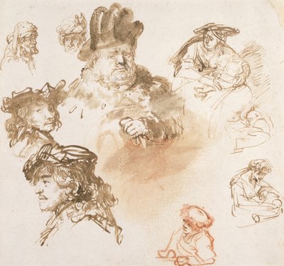 Estudios de cabezas de ancianos y tres mujeres con niños, c.1635-36 de Rembrandt van Rijn