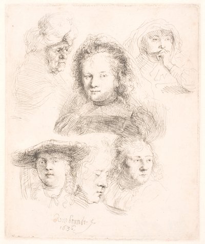 Estudios de la cabeza de Saskia y otros de Rembrandt van Rijn