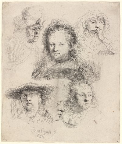 Estudios de la cabeza de Saskia y otros de Rembrandt van Rijn