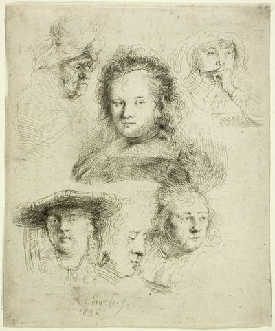 Estudios de la cabeza de Saskia y otros de Rembrandt van Rijn
