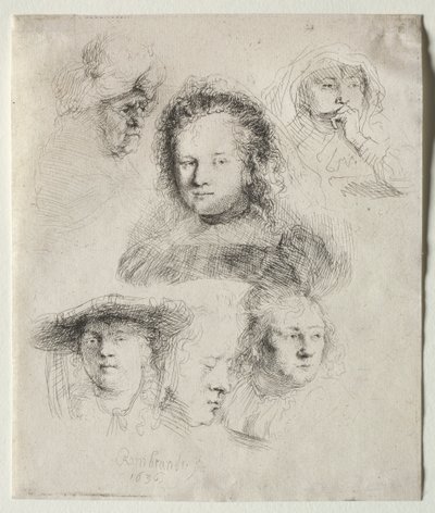 Estudios de la cabeza de Saskia y otros de Rembrandt van Rijn