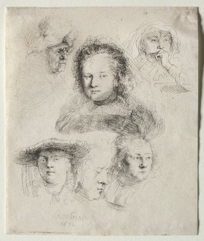 Estudios de la cabeza de Saskia y otros, 1636 de Rembrandt van Rijn