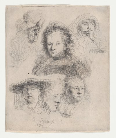 Estudios de las cabezas de Saskia y otros, 1636 de Rembrandt van Rijn