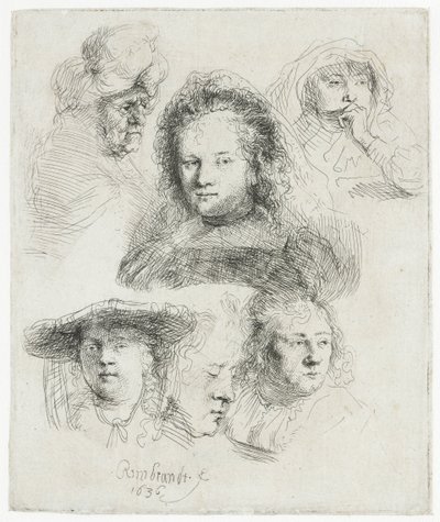 Estudios de la cabeza de Saskia y otros de Rembrandt van Rijn