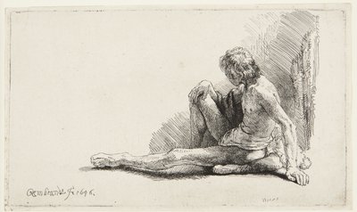 Estudio de desnudo (Hombre sentado en el suelo) (Bartsch 196, segunda de dos versiones; H. 221; Muntz 137 II) de Rembrandt van Rijn