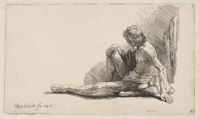 Estudio del desnudo: Hombre sentado en el suelo, con una pierna extendida de Rembrandt van Rijn