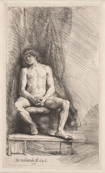 Estudio de desnudo: hombre sentado ante una cortina de Rembrandt van Rijn