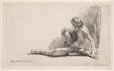 Estudio de desnudo: hombre sentado en el suelo con una pierna estirada de Rembrandt van Rijn