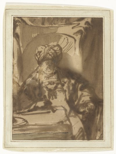 El actor Willem Bartholsz Ruyter interpretando al rey Asuero en su trono de Rembrandt van Rijn
